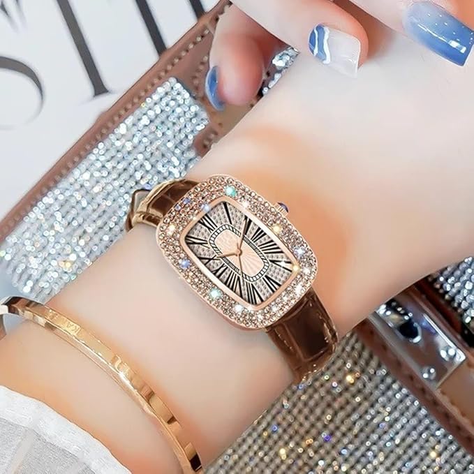 Rose Gold Tone Diamond Studded Tonneau Watch with Black Leather Strap