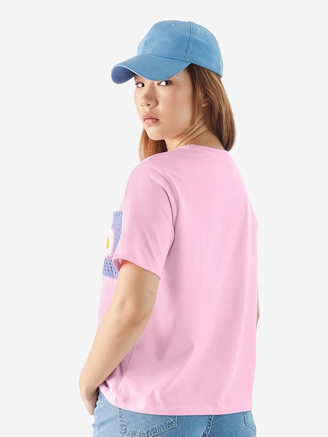 Short Sleeves Pink Crochet Pocket Relaxed Fit