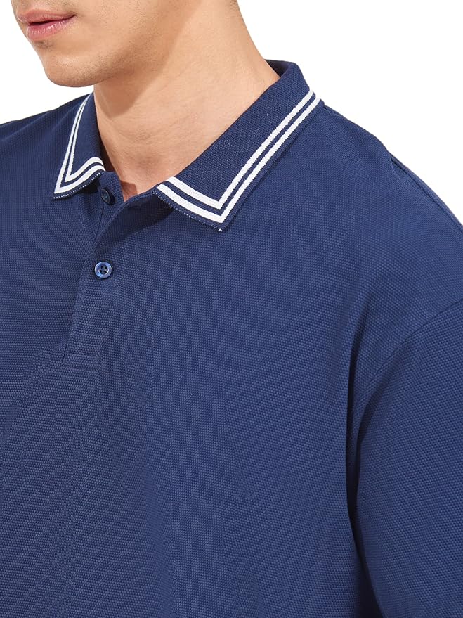 Maniac Mens Solid Polo Neck Sleeve Navy Oversized Cotton
