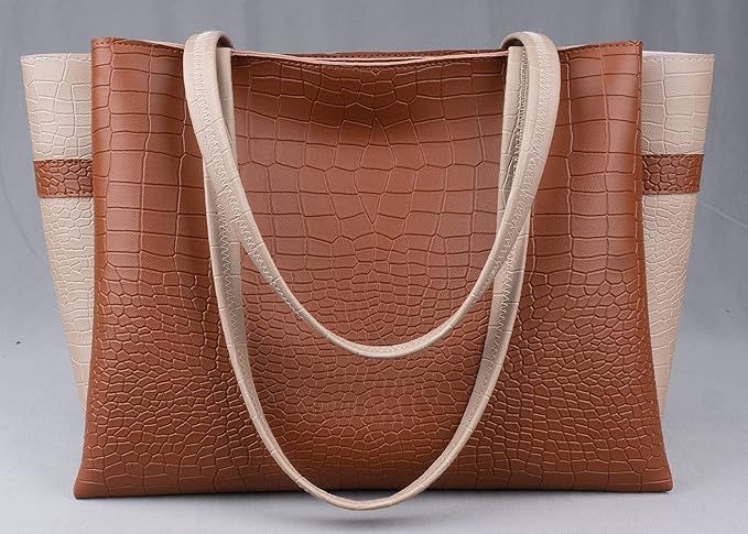 Dual Tone Large Capacity Croco Pattern Tote Handbag