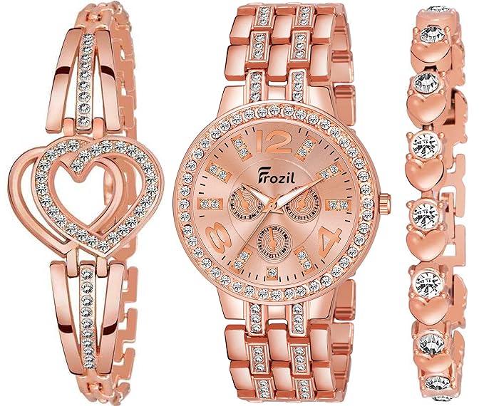 Diamond Rose Gold Dial and Band Watches with 2 Bracelet for Women