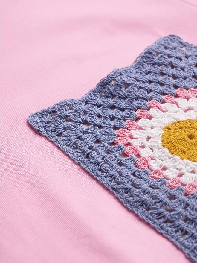 Short Sleeves Pink Crochet Pocket Relaxed Fit