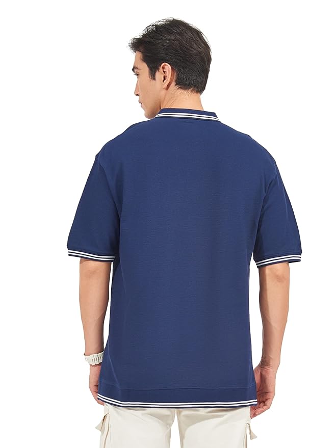 Maniac Mens Solid Polo Neck Sleeve Navy Oversized Cotton