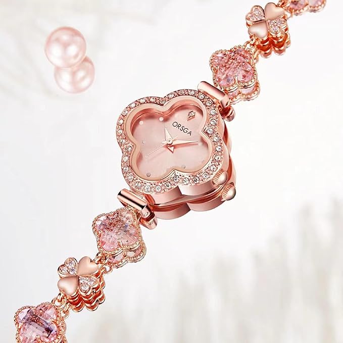 Bracelet Analog Clover Dial Wrist Watch Luxury Diamond Stone Rose Gold Brass Strap