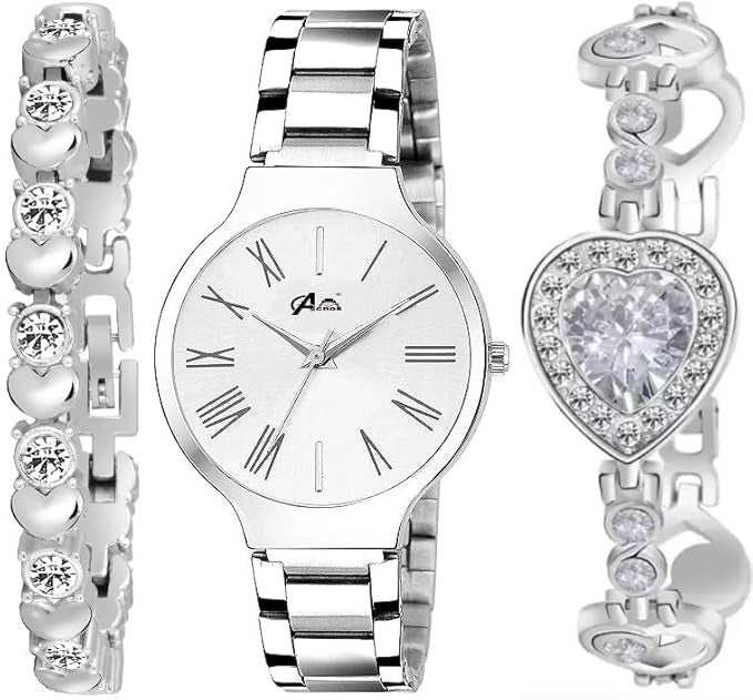 Premium White Dial Diamond Silver Analog Watch Love Heart Diamond Bracelet Butterfly combo