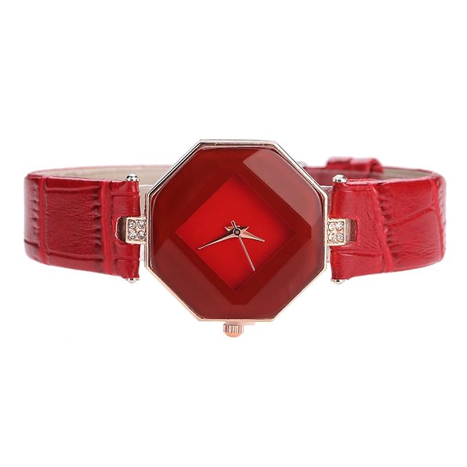 Diamond Cut Glass Red Strap Analogue Red Dial leather