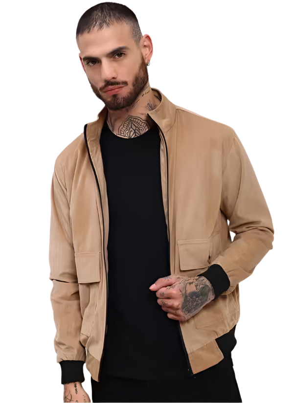 beige solid velvet casual jacket