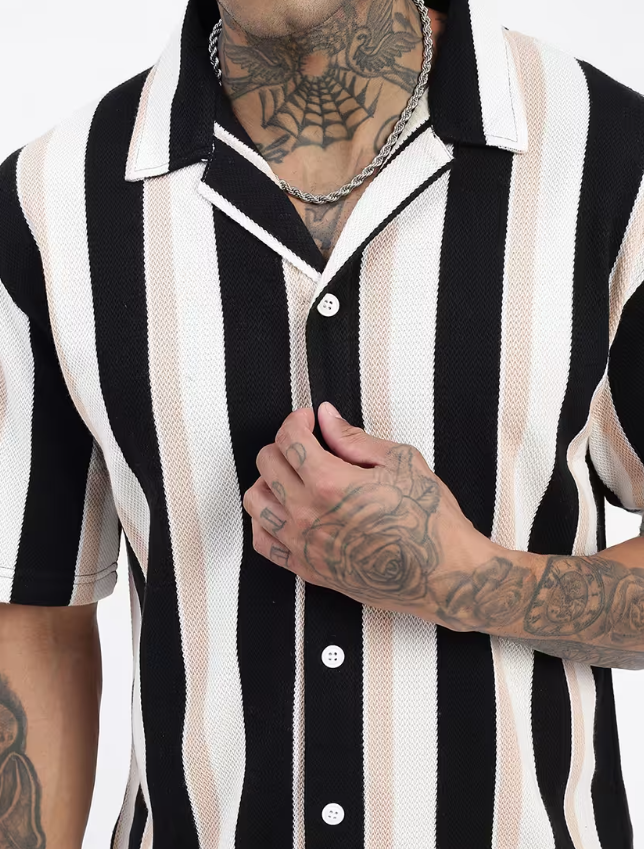 loose fit striped cuban collar casual shirt