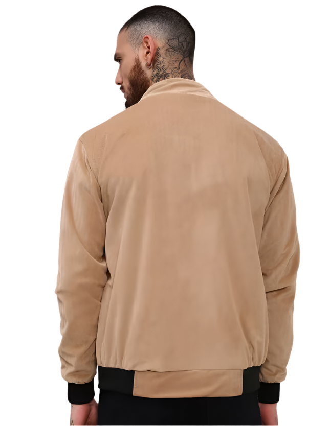 beige solid velvet casual jacket