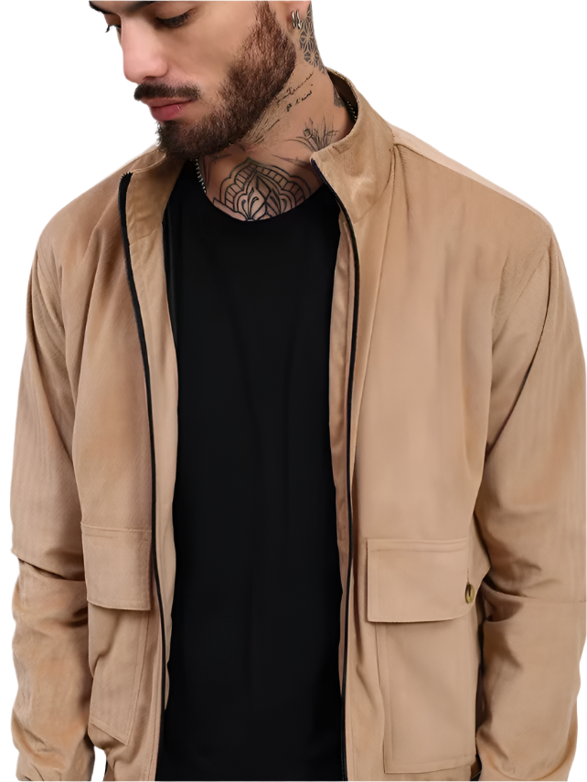 beige solid velvet casual jacket