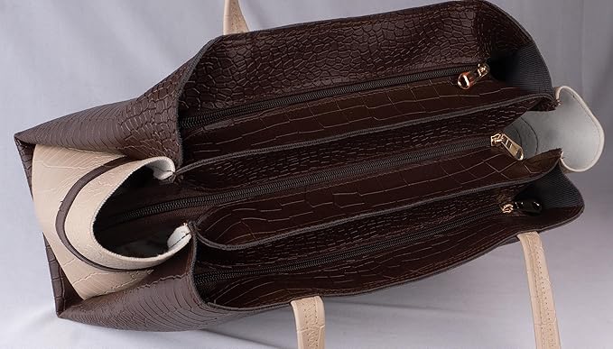 Dual Tone Large Capacity Croco Pattern Tote Handbag