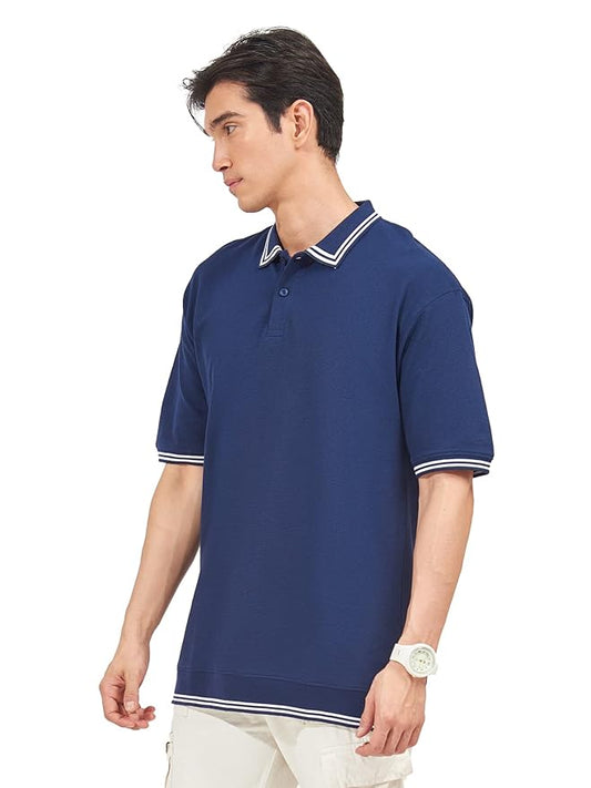 Maniac Mens Solid Polo Neck Sleeve Navy Oversized Cotton