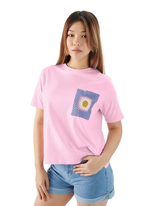 Short Sleeves Pink Crochet Pocket Relaxed Fit