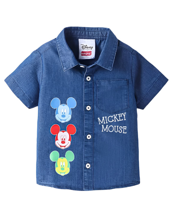 Knit Half Sleeves Denim Shirt with Mickey Mouse Graphics
