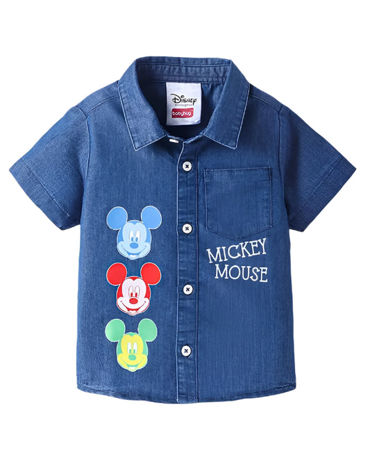 Knit Half Sleeves Denim Shirt with Mickey Mouse Graphics