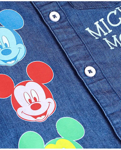 Knit Half Sleeves Denim Shirt with Mickey Mouse Graphics