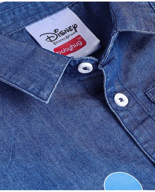Knit Half Sleeves Denim Shirt with Mickey Mouse Graphics