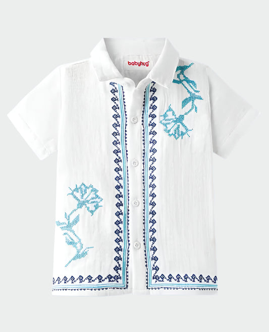 Cotton Woven Half Sleeves Shirt With Embroidery