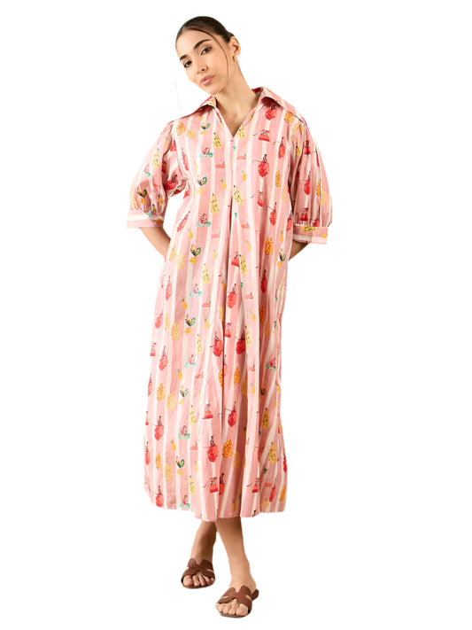 Front Pleated Cotton Midi Dress