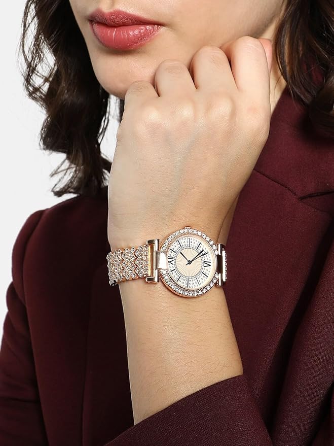 Crystal Studded Watch Rose Gold Metal watch