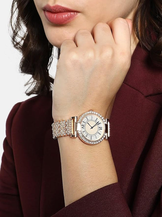 Crystal Studded Watch Rose Gold Metal watch
