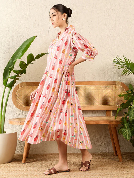 Front Pleated Cotton Midi Dress