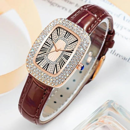 Rose Gold Tone Diamond Studded Tonneau Watch with Black Leather Strap
