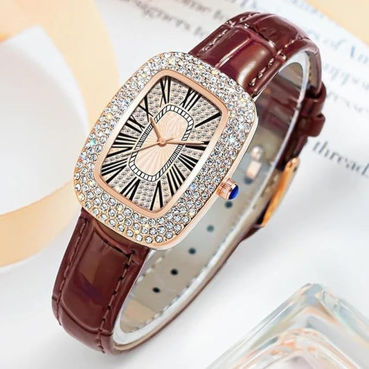 Rose Gold Tone Diamond Studded Tonneau Watch with Black Leather Strap