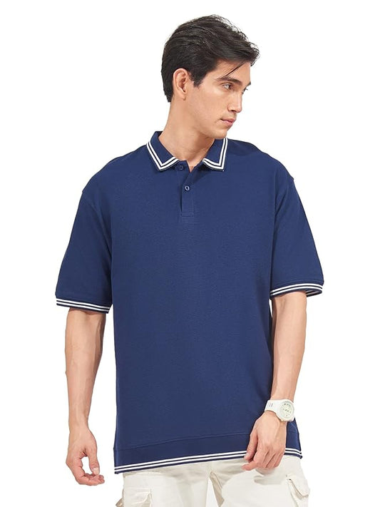 Maniac Mens Solid Polo Neck Sleeve Navy Oversized Cotton