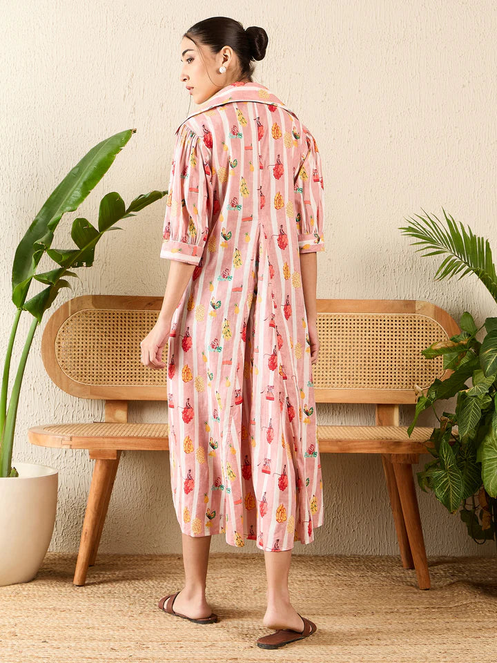 Front Pleated Cotton Midi Dress