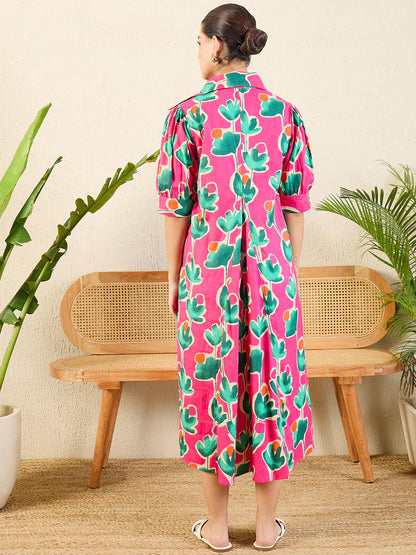 Front Pleated Cotton Midi Dress