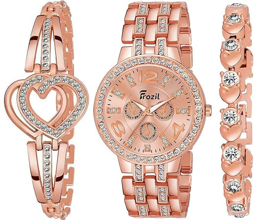 Diamond Rose Gold Dial and Band Watches with 2 Bracelet for Women