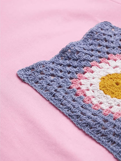 Short Sleeves Pink Crochet Pocket Relaxed Fit