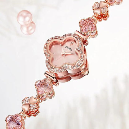 Bracelet Analog Clover Dial Wrist Watch Luxury Diamond Stone Rose Gold Brass Strap