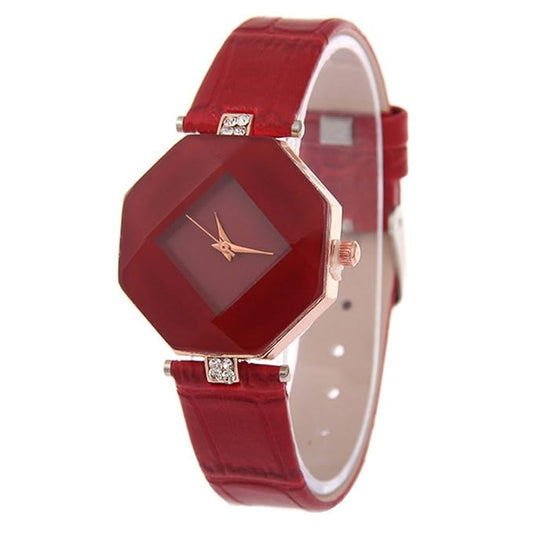 Diamond Cut Glass Red Strap Analogue Red Dial leather