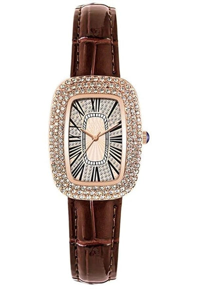 Rose Gold Tone Diamond Studded Tonneau Watch with Black Leather Strap