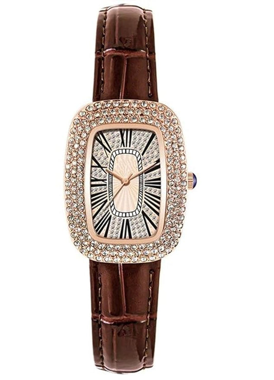 Rose Gold Tone Diamond Studded Tonneau Watch with Black Leather Strap