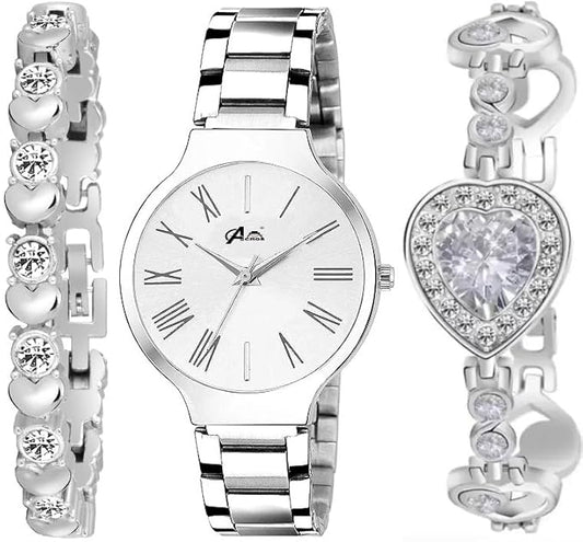 Premium White Dial Diamond Silver Analog Watch Love Heart Diamond Bracelet Butterfly combo
