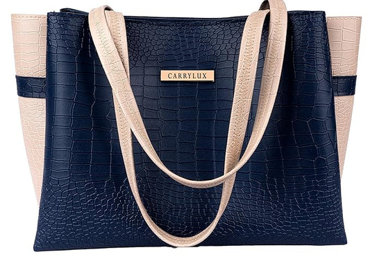Dual Tone Large Capacity Croco Pattern Tote Handbag