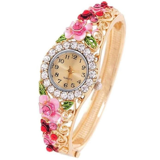 Bracelet for Women Floral Design Multicolor Crystal Gold Plated Watch Kada Bracelet