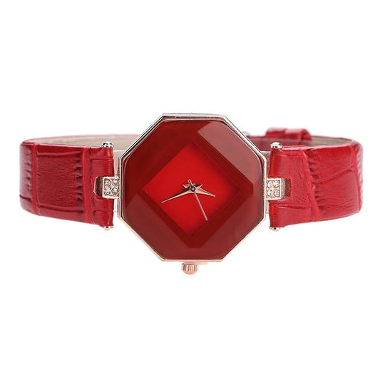 Diamond Cut Glass Red Strap Analogue Red Dial leather