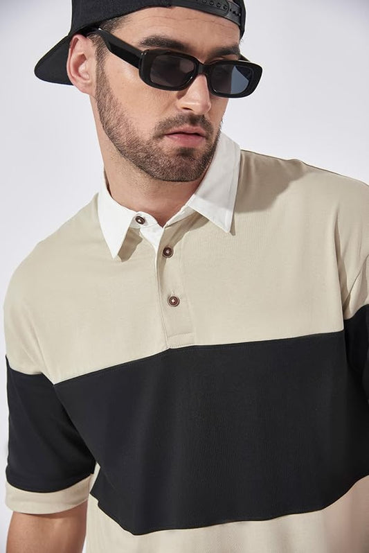 Polo Neck Sleeve Grey and Black Cotton Oversized