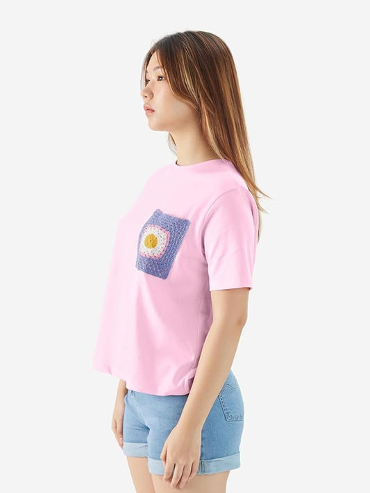 Short Sleeves Pink Crochet Pocket Relaxed Fit