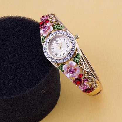 Bracelet for Women Floral Design Multicolor Crystal Gold Plated Watch Kada Bracelet