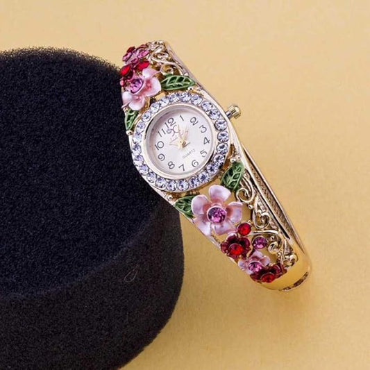 Bracelet for Women Floral Design Multicolor Crystal Gold Plated Watch Kada Bracelet