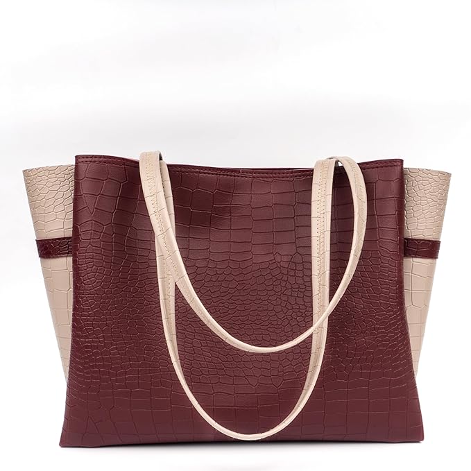 Dual Tone Large Capacity Croco Pattern Tote Handbag
