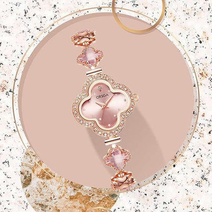 Bracelet Analog Clover Dial Wrist Watch Luxury Diamond Stone Rose Gold Brass Strap