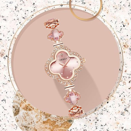 Bracelet Analog Clover Dial Wrist Watch Luxury Diamond Stone Rose Gold Brass Strap