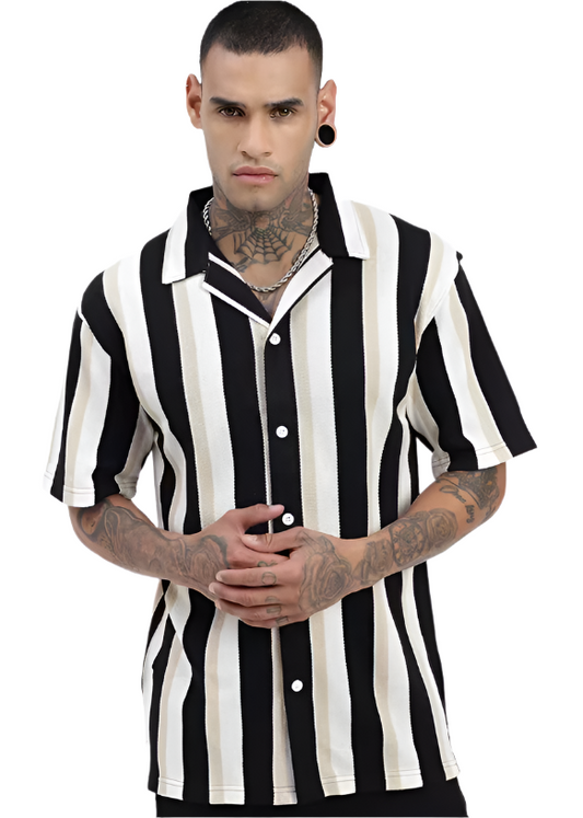 loose fit striped cuban collar casual shirt