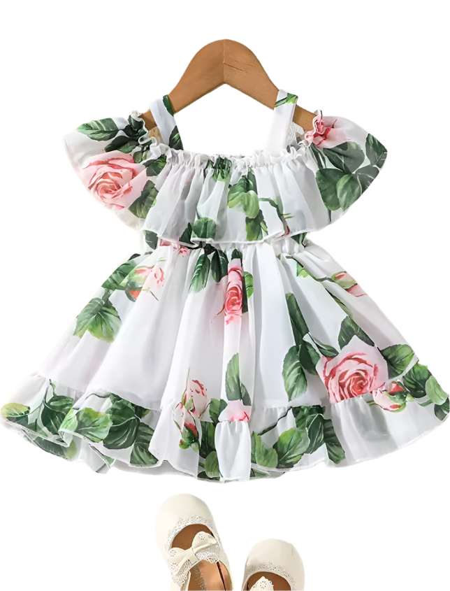 white floral printed cold shoulder frock